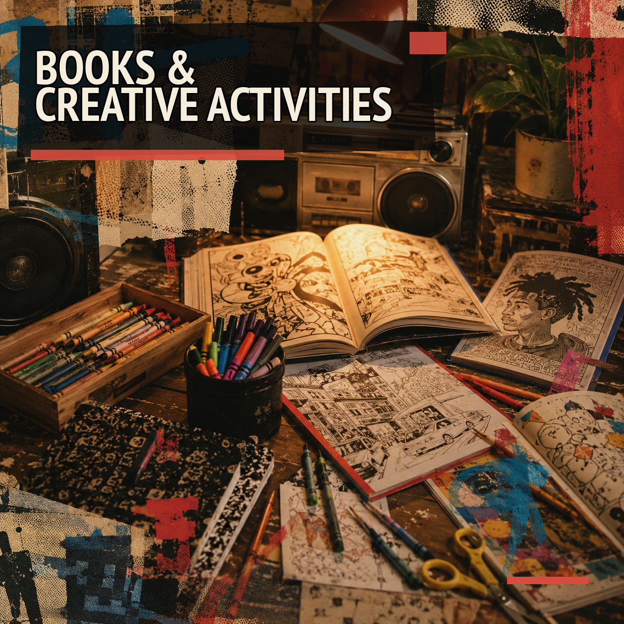 Books & Creative Activities collection — creative studio collage with bold editorial title