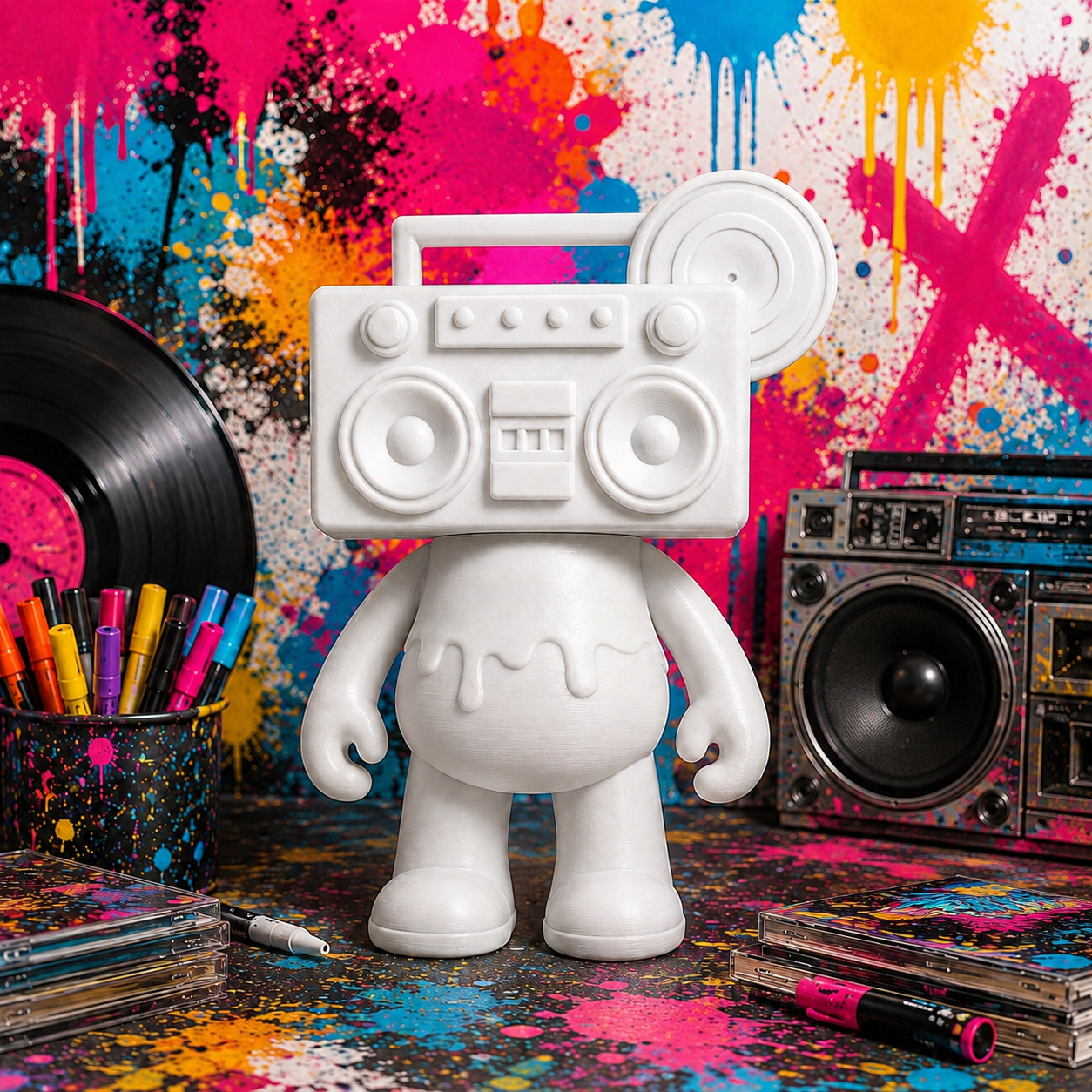 Boom Bear collection — white boombox character in colorful graffiti art studio