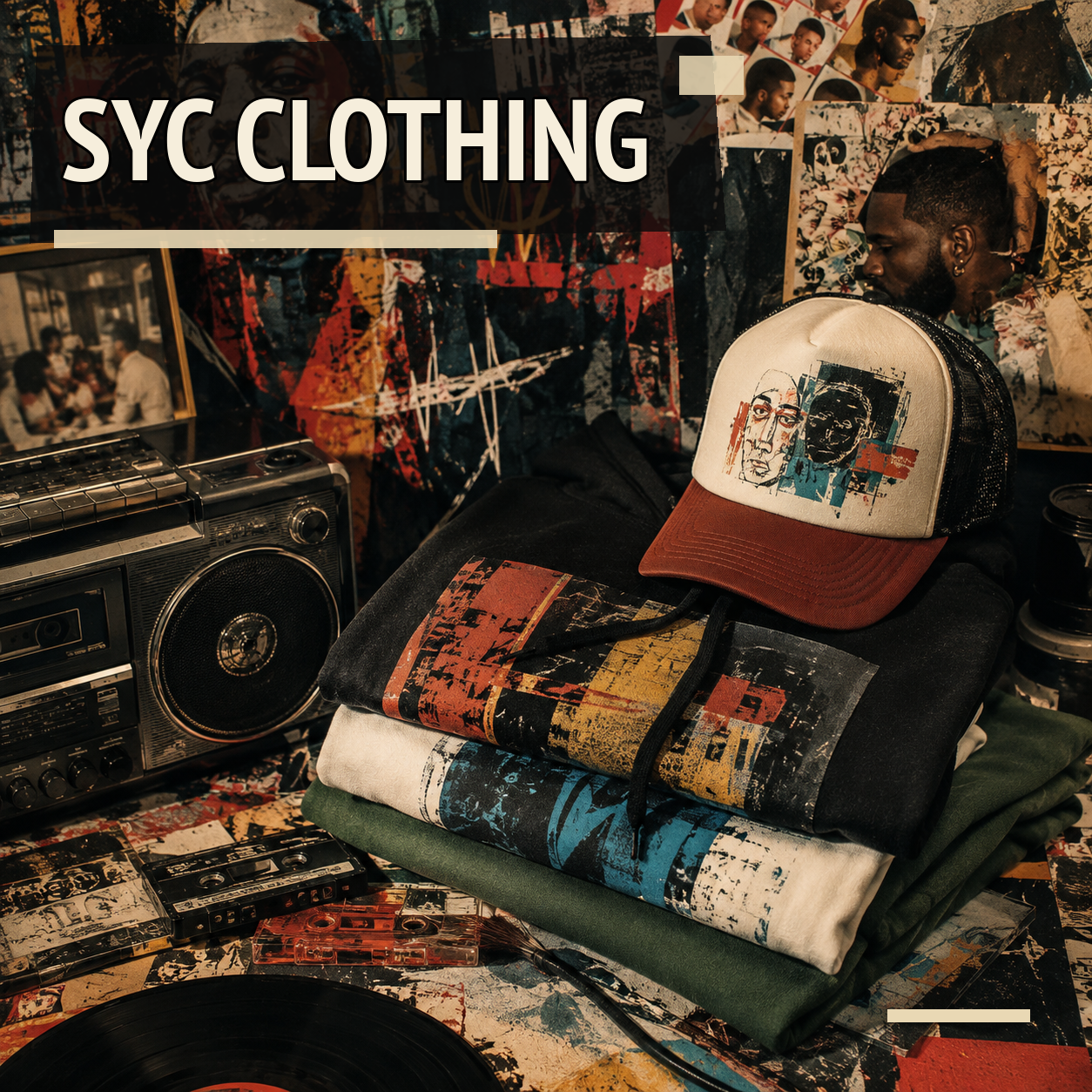 SYC Clothing collection — streetwear collage with bold editorial title
