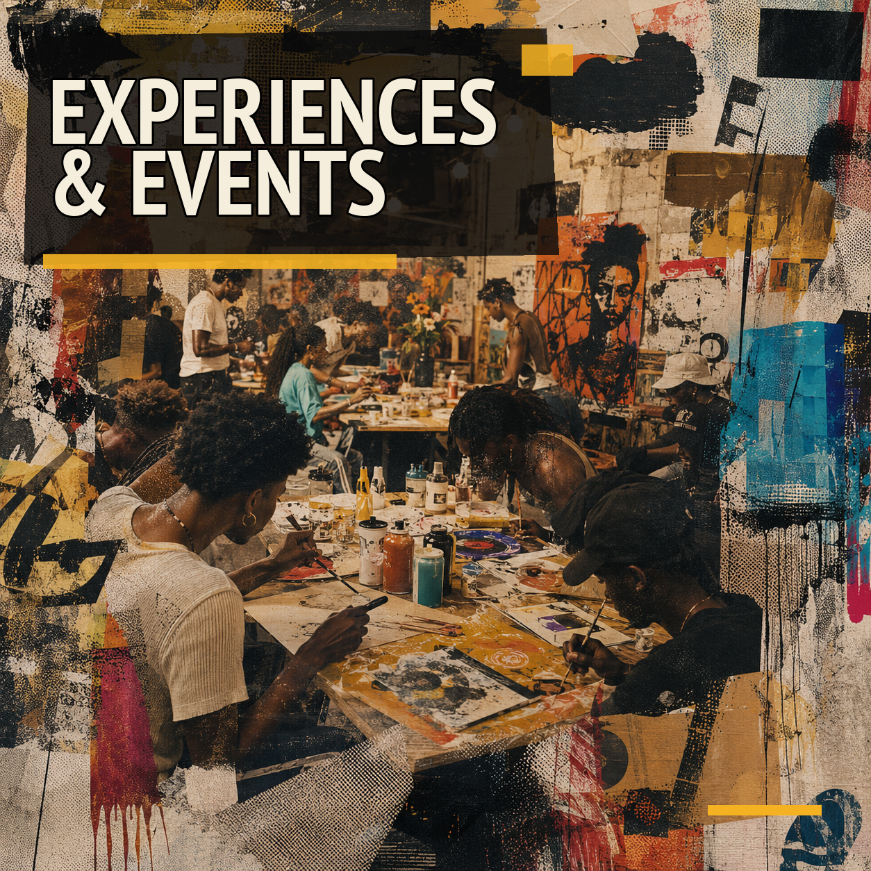 Experiences & Events collection — creative workshop collage with bold editorial title
