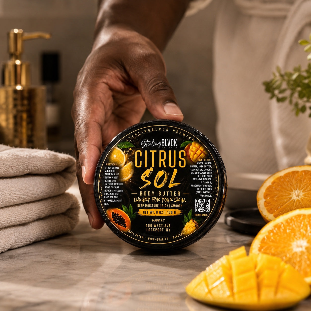SterlingBLVCK Premium Citrus Sol Body Butter held in a bathroom setting with fresh orange and mango.