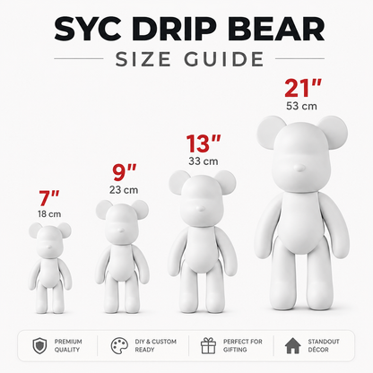 SYC Drip Bear size guide showing 7, 9, 13, and 21 inch bear sizes with inch and centimeter measurements.